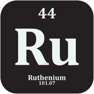 Ruthenium periodic table tile showing atomic number 44, symbol Ru and atomic mass 101.07.