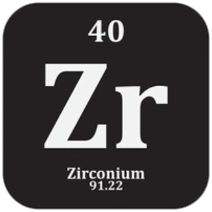 Zirconium periodic table tile showing atomic number 40, symbol Zr and atomic mass 91.22.
